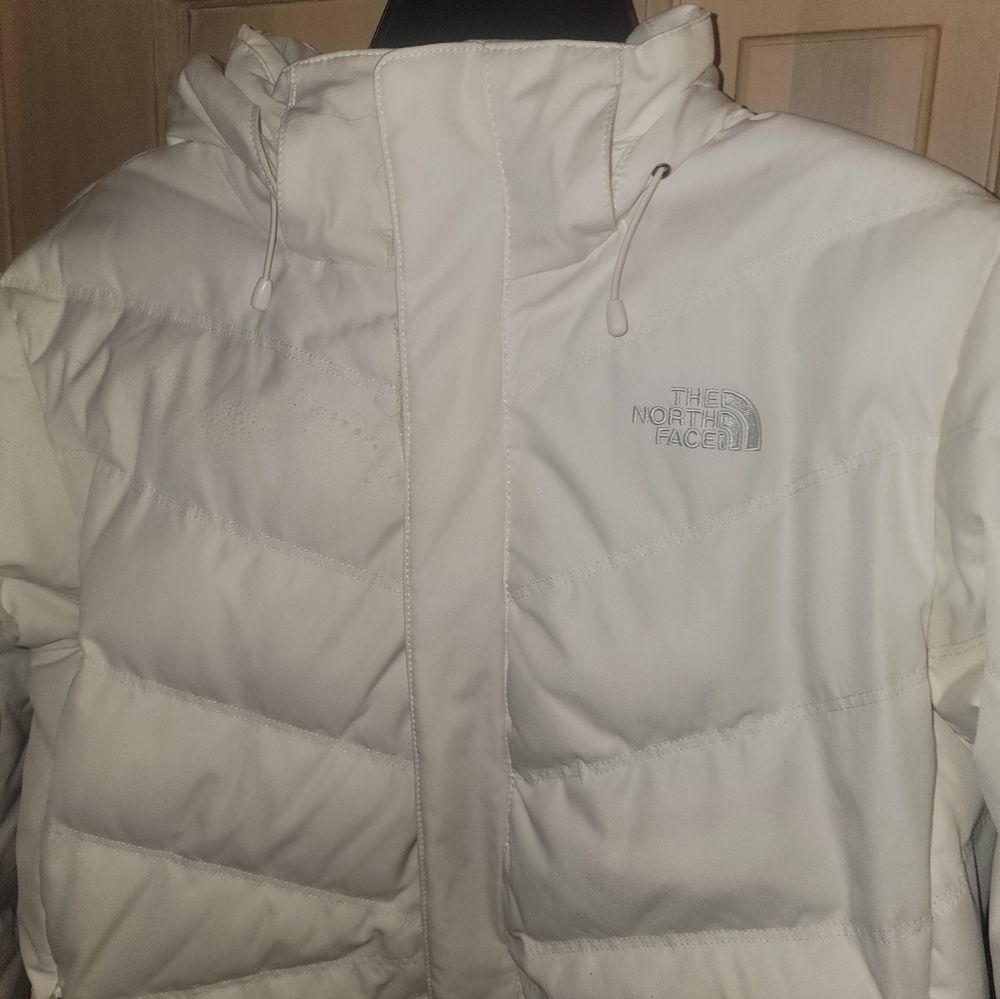 Misses Sz M North Face Down Winter Jacket With Hood White Gray - Picture 16 of 16